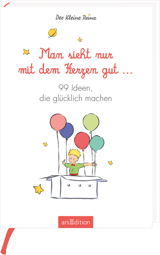 Das Buchcover zeigt einen kindlichen Jungen, der aus einem weißen Karton heraus schaut und sechs bunte Ballons hält. Die Farben sind überwiegend sanft, mit rosa, blau und grün dominierten Ballons. Der Titel „Man sieht nur mit dem Herzen gut …“ ist in geschwungener roter Schrift platziert, während darunter in schlichter Schrift „99 Ideen, die glücklich machen“ steht. Oben links sind kleine Sterne und ein Planet abgebildet, die eine fröhliche Atmosphäre vermitteln. Ganz unten...