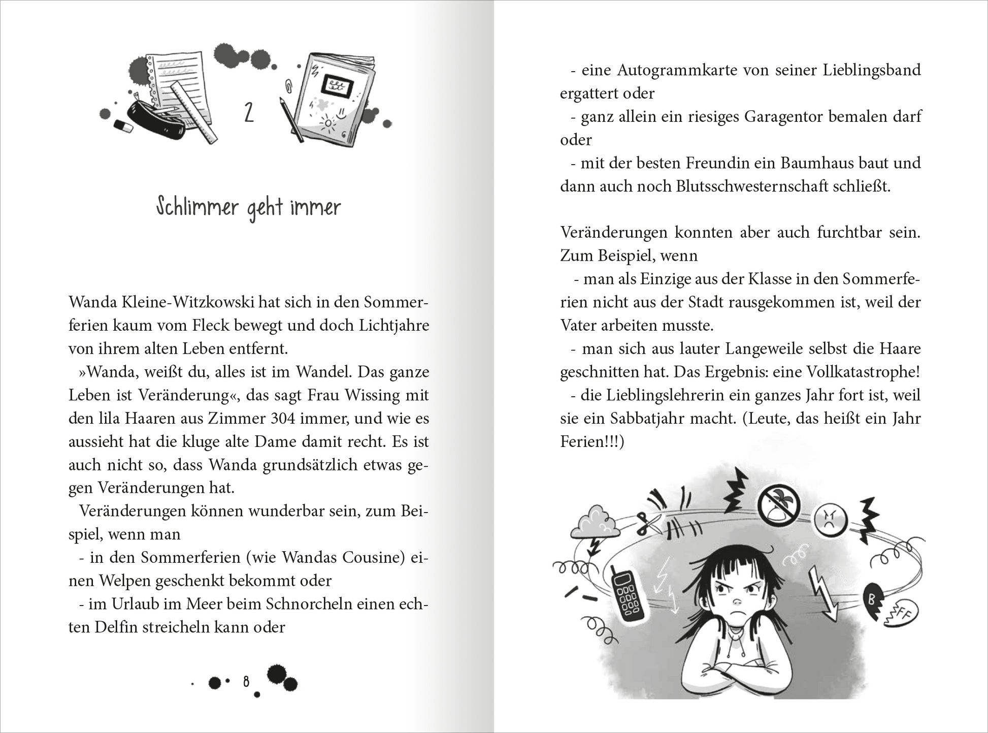 Gezeigt wird eine Innen- oder Zusatzansicht von „Der Zauber der Tinte – Totales Klassenchaos“. Die Seite wirkt humorvoll und kindgerecht gestaltet, mit skizzierten Illustrationen, darunter ein Mädchen mit frechen Haaren und verschiedene Gegenstände wie ein Notizbuch und ein Handy. Die Hauptfarbe ist Schwarz-Weiß, was dem Text eine klare Lesbarkeit verleiht. Die typografischen Elemente sind verspielt und den jugendlichen Charakter der Geschichte widerspiegelnd, wodurch eine einladende...