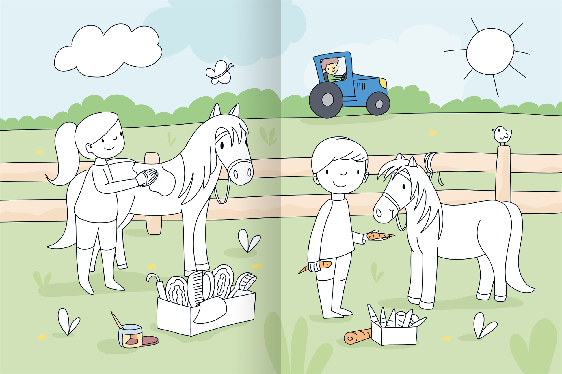 Gezeigt wird eine Innen- oder Zusatzansicht von „Mein großes buntes Malbuch – Pferde und Ponys“. Die Illustration zeigt zwei Kinder, die mit Pferden auf einer Wiese spielen. Ein Mädchen bürstet ein Pferd, während ein Junge mit einem zweiten Pferd steht und Malutensilien in der Nähe hat. Die Farben sind hell und bunt, mit viel Grün im Hintergrund. Die Typografie ist spielerisch und kindgerecht, was die fröhliche Atmosphäre der Szene unterstreicht.