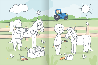 Gezeigt wird eine Innen- oder Zusatzansicht von „Mein großes buntes Malbuch – Pferde und Ponys“. Die Illustration zeigt zwei Kinder, die mit Pferden auf einer Wiese spielen. Ein Mädchen bürstet ein Pferd, während ein Junge mit einem zweiten Pferd steht und Malutensilien in der Nähe hat. Die Farben sind hell und bunt, mit viel Grün im Hintergrund. Die Typografie ist spielerisch und kindgerecht, was die fröhliche Atmosphäre der Szene unterstreicht.