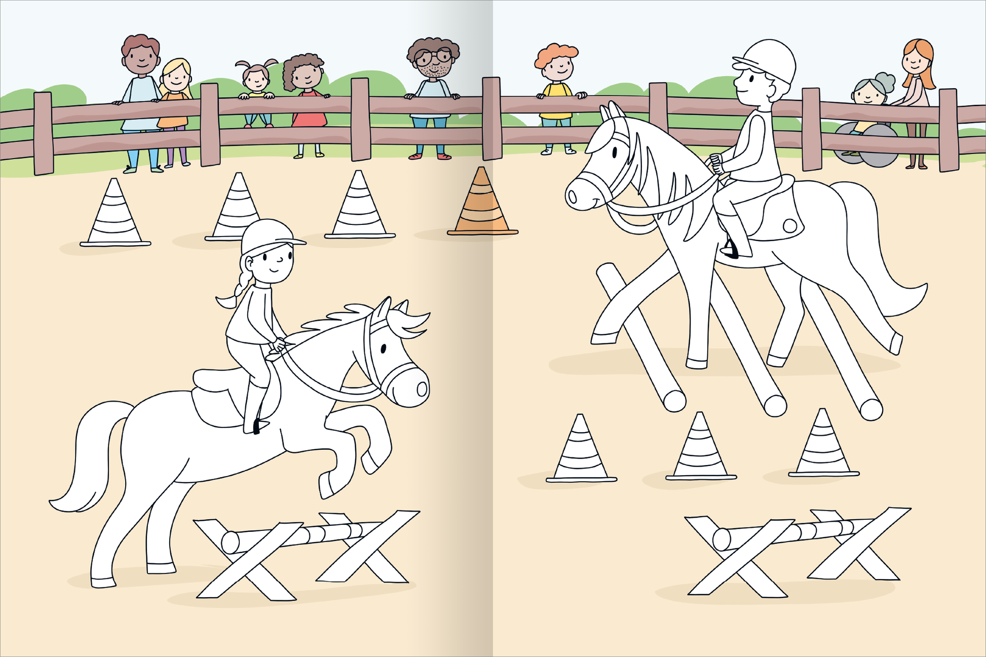 Gezeigt wird eine Innen- oder Zusatzansicht von „Mein großes buntes Malbuch – Pferde und Ponys“. Die Illustration zeigt eine Reitszene mit zwei Kindern auf Pferden, die über Hindernisse springen. Die Umgebung ist hell und freundlich gestaltet, mit einer grünen Wiese und einem Holzzaun im Hintergrund. Die Figuren sind einfach und klar gezeichnet, mit einem spielerischen Ausdruck. Die Hauptfarben sind sanft und pastellig, und die Typografie ist kindgerecht und gut lesbar.