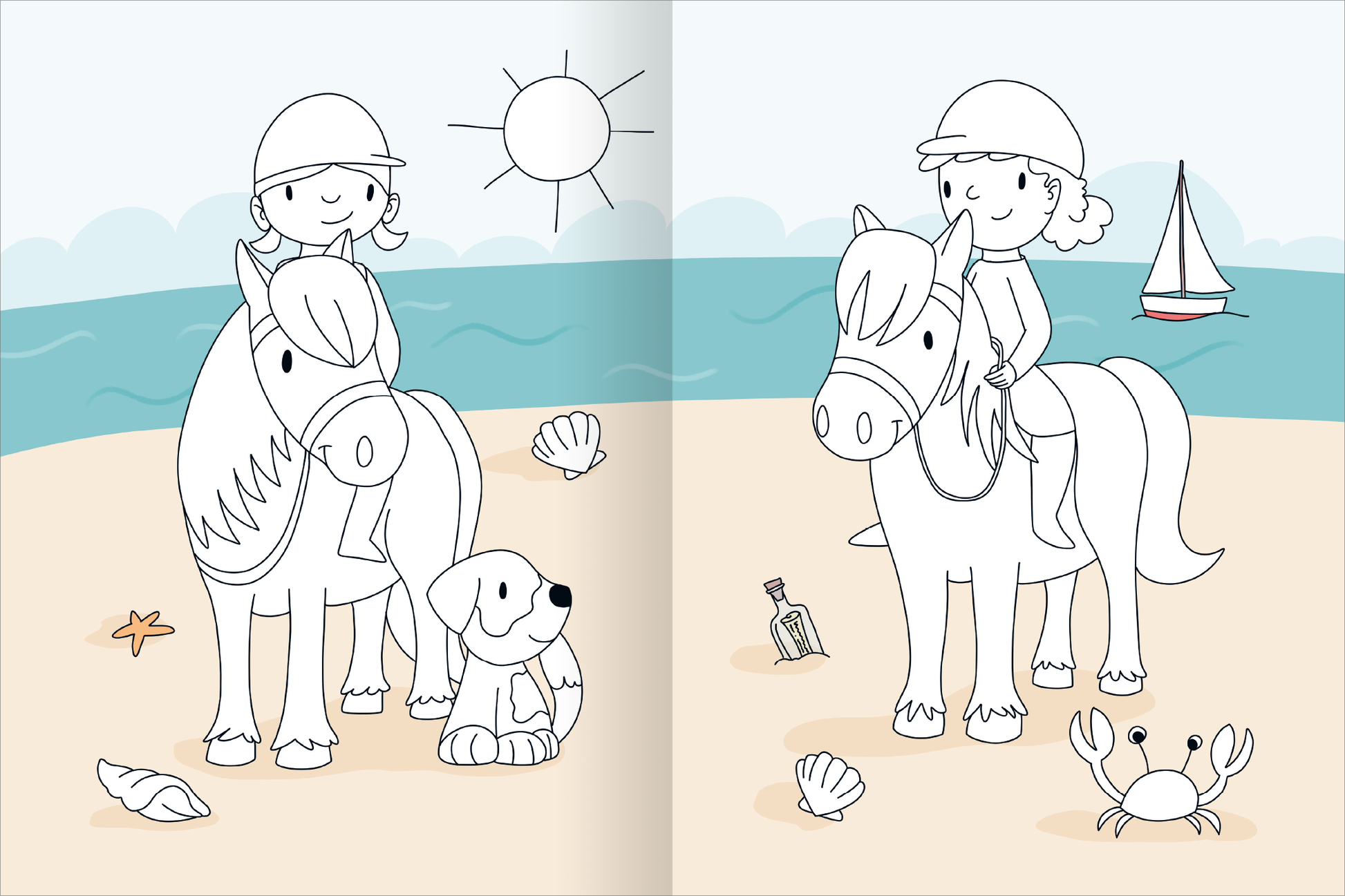 Gezeigt wird eine Innen- oder Zusatzansicht von „Mein großes buntes Malbuch – Pferde und Ponys“. Die Abbildung zeigt eine Strandlandschaft mit zwei Ponys und zwei Kindern, die Helme tragen. Links sitzt ein Hund, während rechts ein weiteres Kind auf einem Pony reitet. Die Szene ist in klaren Linien und ohne Farbfüllung gehalten, um den Kindern das Ausmalen zu ermöglichen. Im Hintergrund sind Sonne, Meer und eine Segeljacht sichtbar.