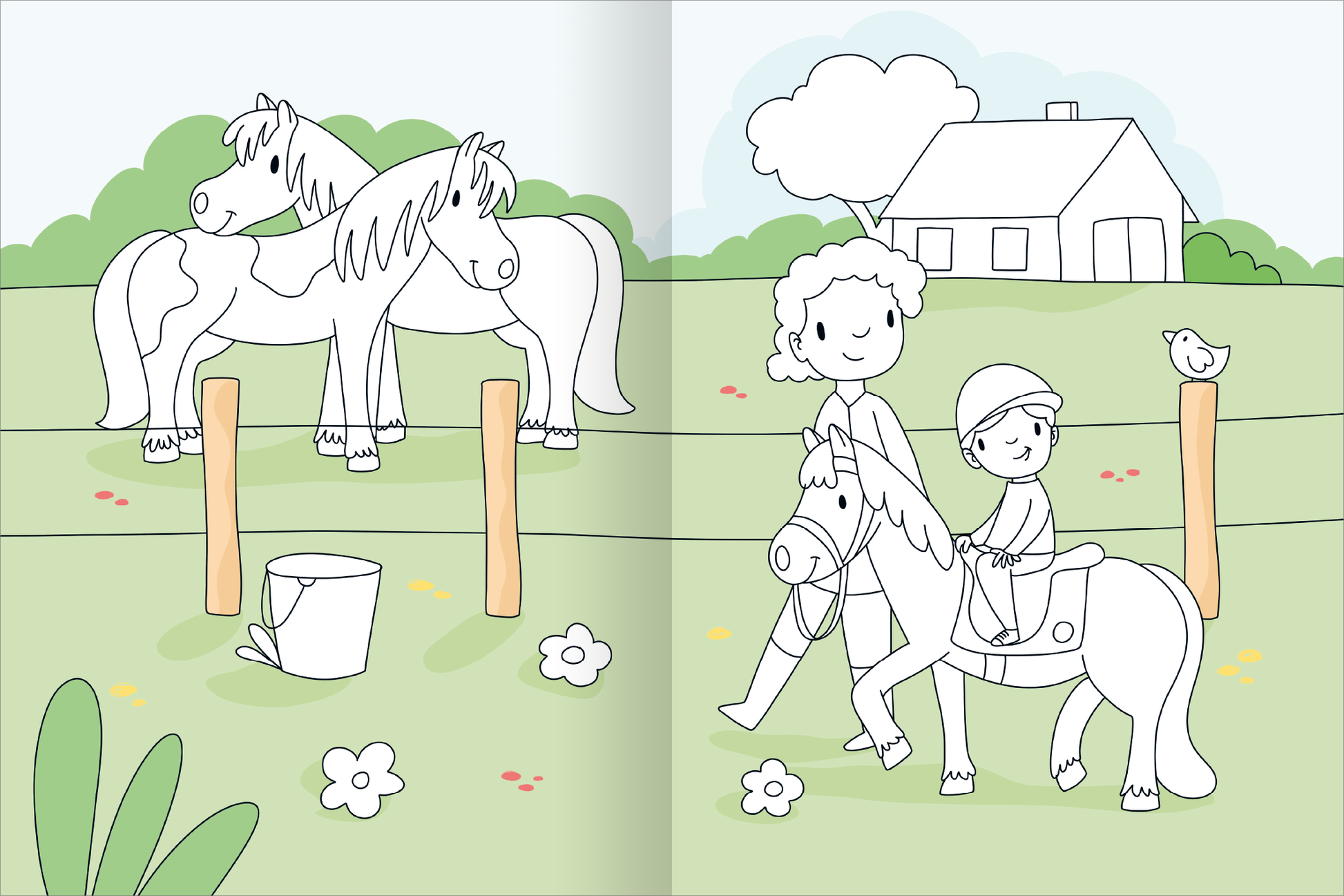 Gezeigt wird eine Innen- oder Zusatzansicht von „Mein großes buntes Malbuch – Pferde und Ponys“. Die Illustration zeigt zwei schematische Pferde in der Mitte, umgeben von einer stilisierten Landschaft mit einem einfachen Haus im Hintergrund. Ein Kind reitet auf einem Pony, während ein Erwachsener neben ihm geht. Die Farben sind hell und freundlich, mit grünen Wiesen, weißen Blumen und dezenten Farbakzenten, die eine einladende Atmosphäre schaffen. Die Typografie ist klar und...