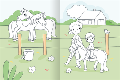 Gezeigt wird eine Innen- oder Zusatzansicht von „Mein großes buntes Malbuch – Pferde und Ponys“. Die Illustration zeigt zwei schematische Pferde in der Mitte, umgeben von einer stilisierten Landschaft mit einem einfachen Haus im Hintergrund. Ein Kind reitet auf einem Pony, während ein Erwachsener neben ihm geht. Die Farben sind hell und freundlich, mit grünen Wiesen, weißen Blumen und dezenten Farbakzenten, die eine einladende Atmosphäre schaffen. Die Typografie ist klar und...