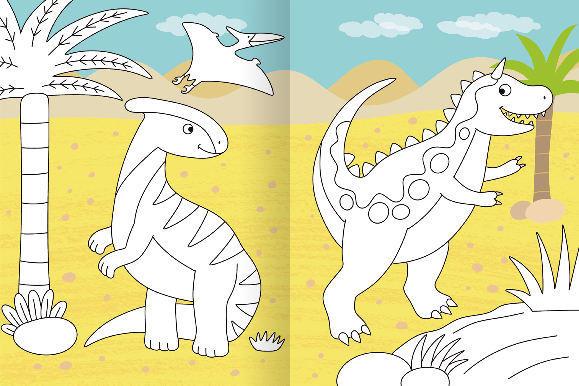 Gezeigt wird eine Innen- oder Zusatzansicht von „Mein großes buntes Malbuch – Dinosaurier“. Auf der Doppelseite sind zwei verschiedene Dinosaurier in Umrisszeichnungen abgebildet, umgeben von vulkanischer Landschaft. Links steht ein freundlicher, zweibeiniger Dinosaurier mit geschwungenen Linien und einer einfachen schattierten Textur. Rechts präsentiert sich ein massiver Dinosaurier mit großen Augen und einem breiten Lächeln, umrahmt von Palmen und einem hellblauen Himmel. Die...