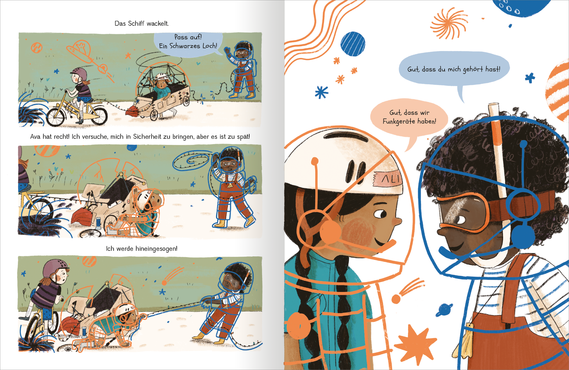 Gezeigt wird eine Innen- oder Zusatzansicht von „Alia Astronautin - Mission Freundschaft“. Die Illustration zeigt zwei Kinder in Raumanzügen, die sich freudig gegenüberstehen. Eine raumfarbene Kulisse mit bunten, geometrischen Formen und kleinen Details wie Sternen und Linien umrahmt die Szene. Der Text ist in einer klaren, verspielten Schrift gestaltet, wobei helle Farben wie Orange, Blau und Grün dominieren, um die lebendige Atmosphäre des Abenteuers zu unterstreichen.