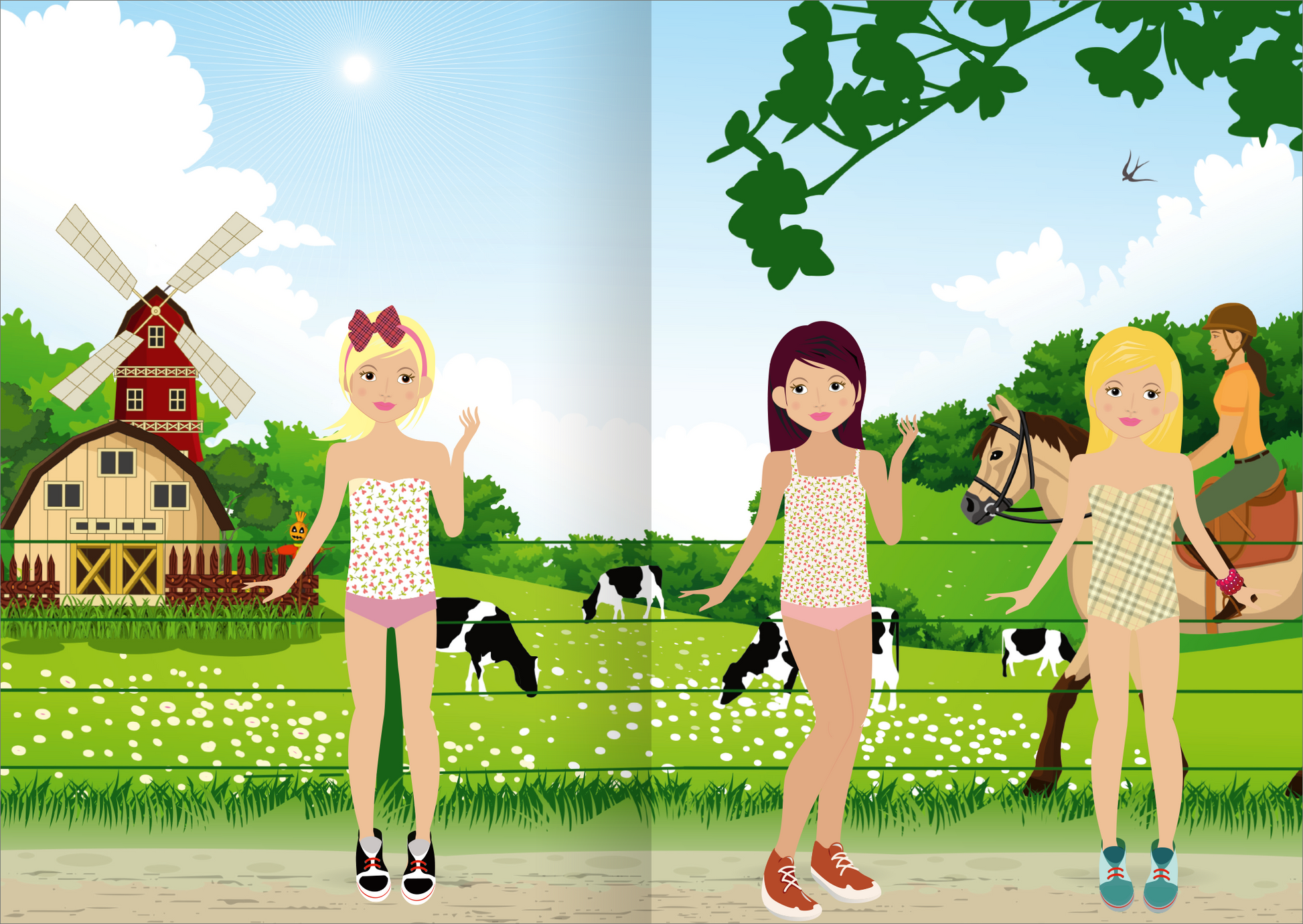 Gezeigt wird eine Innen- oder Zusatzansicht von „Mini-Sticker-Anziehpuppen – Reiterhof“. Die Illustration zeigt drei Anziehpuppen in sommerlichen Outfits vor einer ländlichen Kulisse mit einer Windmühle und Kühen auf einer Wiese. Die Farben sind kräftig und lebendig, mit einem klaren blauen Himmel und grünen Landschaftselementen.
