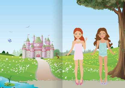 Gezeigt wird eine Innen- oder Zusatzansicht von „Mini-Sticker-Anziehpuppen – Prinzessinnen“. Die Illustration zeigt zwei Mädchen in pastellfarbenen Outfits, vor einer märchenhaften, pinken Schlosslandschaft. Die Figuren stehen auf einer bunten, blühenden Wiese, gesäumt von Bäumen und einem klaren Himmel. Sie tragen bereits hübsche Schuhe und Accessoirs.