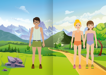 Gezeigt wird eine Innen- oder Zusatzansicht von „Mini-Sticker-Anziehpuppen – Beim Sport“. Die Abbildung zeigt einen Jungen in einem gestreiften Oberteil und einer kurzen Hose, sowie zwei Mädche, die sich an den Händen halten. Die Umgebung besteht aus einer lebhaften, natürlichen Berglandschaft. Die Farben sind überwiegend hell und freundlich, mit Blau- und Grüntönen. Alle Figuren tragen bereits Wanderschuhe.