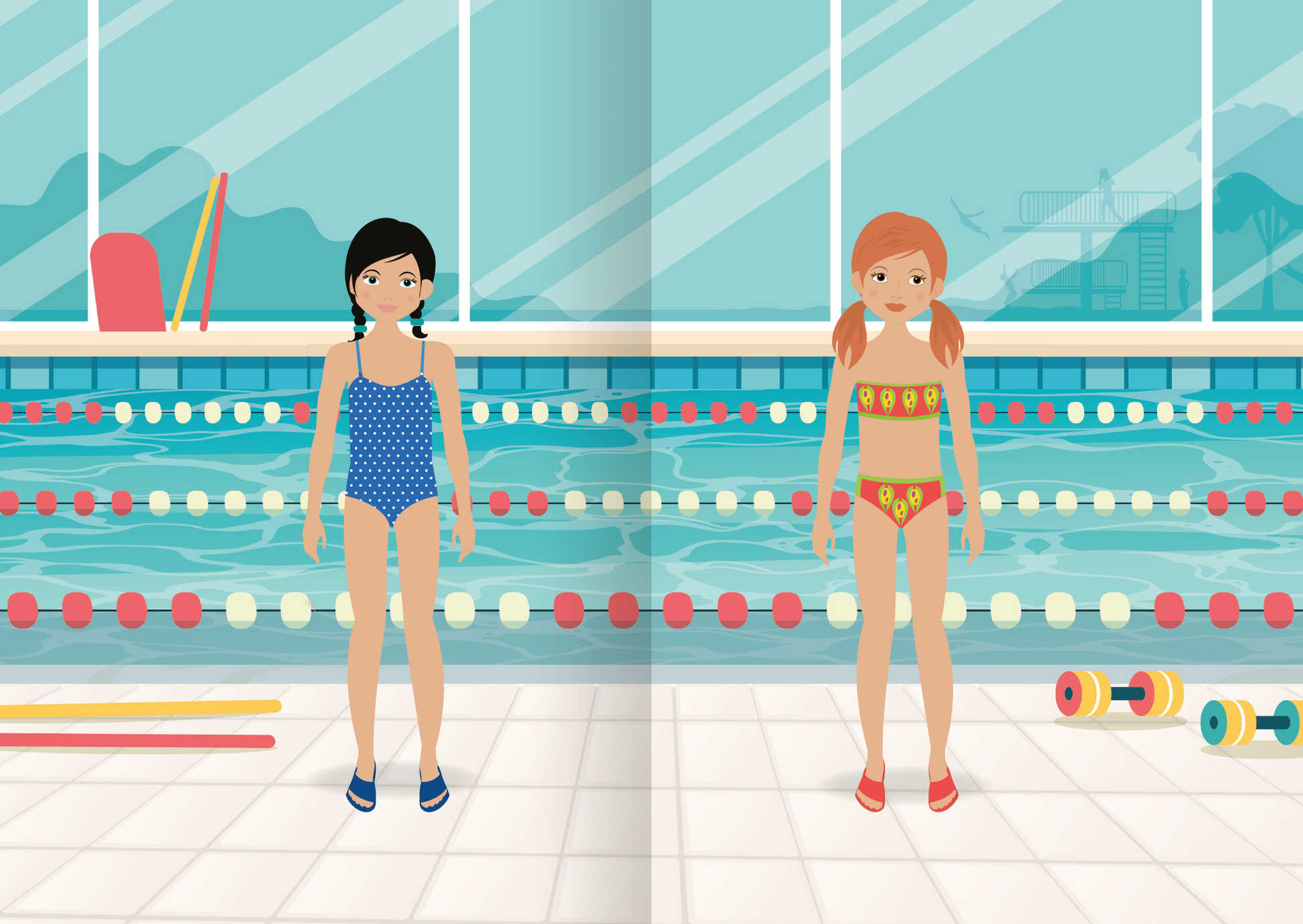 Gezeigt wird eine Innen- oder Zusatzansicht von „Mini-Sticker-Anziehpuppen – Beim Sport“. Die Abbildung zeigt zwei Mädchen in Badekleidung am Beckenrand eines Schwimmbads. Das erste Mädchen trägt einen blauen Badeanzug mit weißen Punkten, das zweite Mädchen einen bunten Bikini mit floralen Mustern. Der Hintergrund zeigt eine große Fensterfront und das Schwimmbecken. Die beiden Mädchen tragen außerdem bereits Badeschuhe.