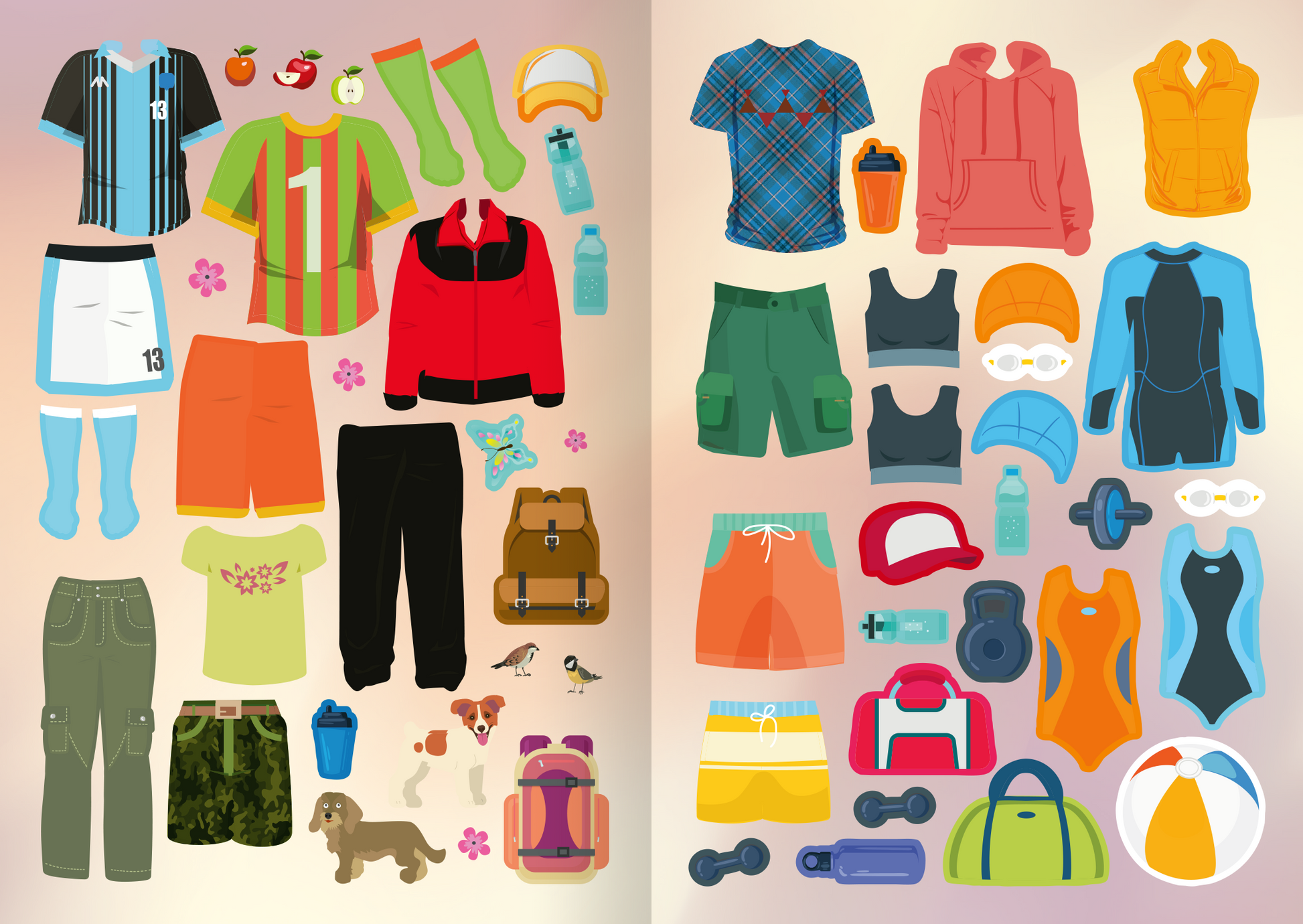 Gezeigt wird eine Innen- oder Zusatzansicht von „Mini-Sticker-Anziehpuppen – Beim Sport“. Die Abbildung zeigt eine Vielzahl von sportlichen Outfits und Zubehörteilen, darunter Trikots, Hosen, Jacken und Hoodies. Die Farben reichen von lebhaftem Rot und Blau bis zu sanften Grüntönen und Gelb. Auch kleine Tiere wie Hunde und Vögel sowie Obst und Blumen werden gezeigt.