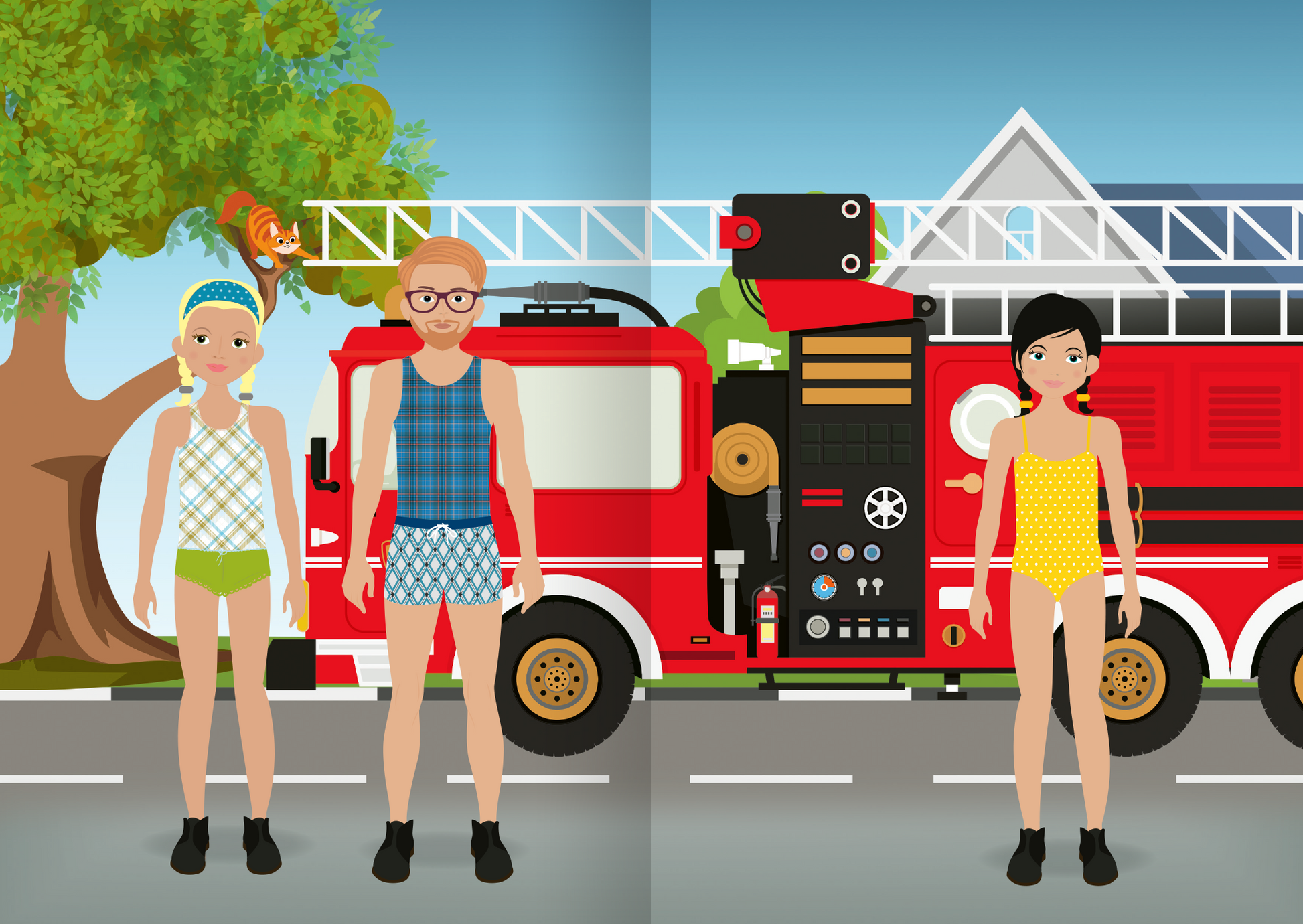 Gezeigt wird eine Innen- oder Zusatzansicht von „Mini-Sticker-Anziehpuppen – Im Einsatz“. Die Darstellung zeigt drei Anziehpuppen in Unterwäsche. Sie stehen vor einem roten Feuerwehrauto auf einer Straße. Das Feuerwehrauto und die Umgebung sind detailliert illustriert, mit Bäumen und einem blauen Himmel im Hintergrund. Die Figuren tragen bereits schwarze Einsatzschue.