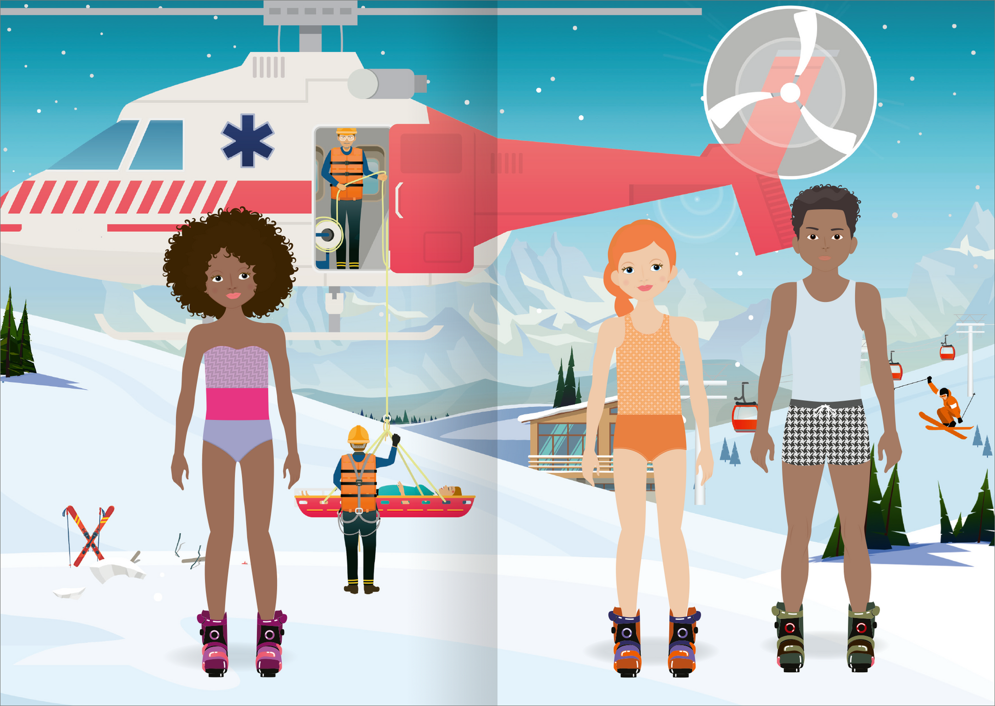 Gezeigt wird eine Innen- oder Zusatzansicht von „Mini-Sticker-Anziehpuppen – Im Einsatz“. Die Illustration zeigt zwei farbenfrohe Figuren in Unterwäsche auf einer schneebedeckten Berglandschaft. Jede Puppe trägt bereits Skischuhe. Hinter ihnen ist ein Rettungshubschrauber mit zwei Einsatzkräften und einer Trage sichtbar. Die Figuren haben unterschiedliche Frisuren und Hauttöne, wobei die Umgebung mit Tannenbäumen und einer Seilbahn ergänzt wird.