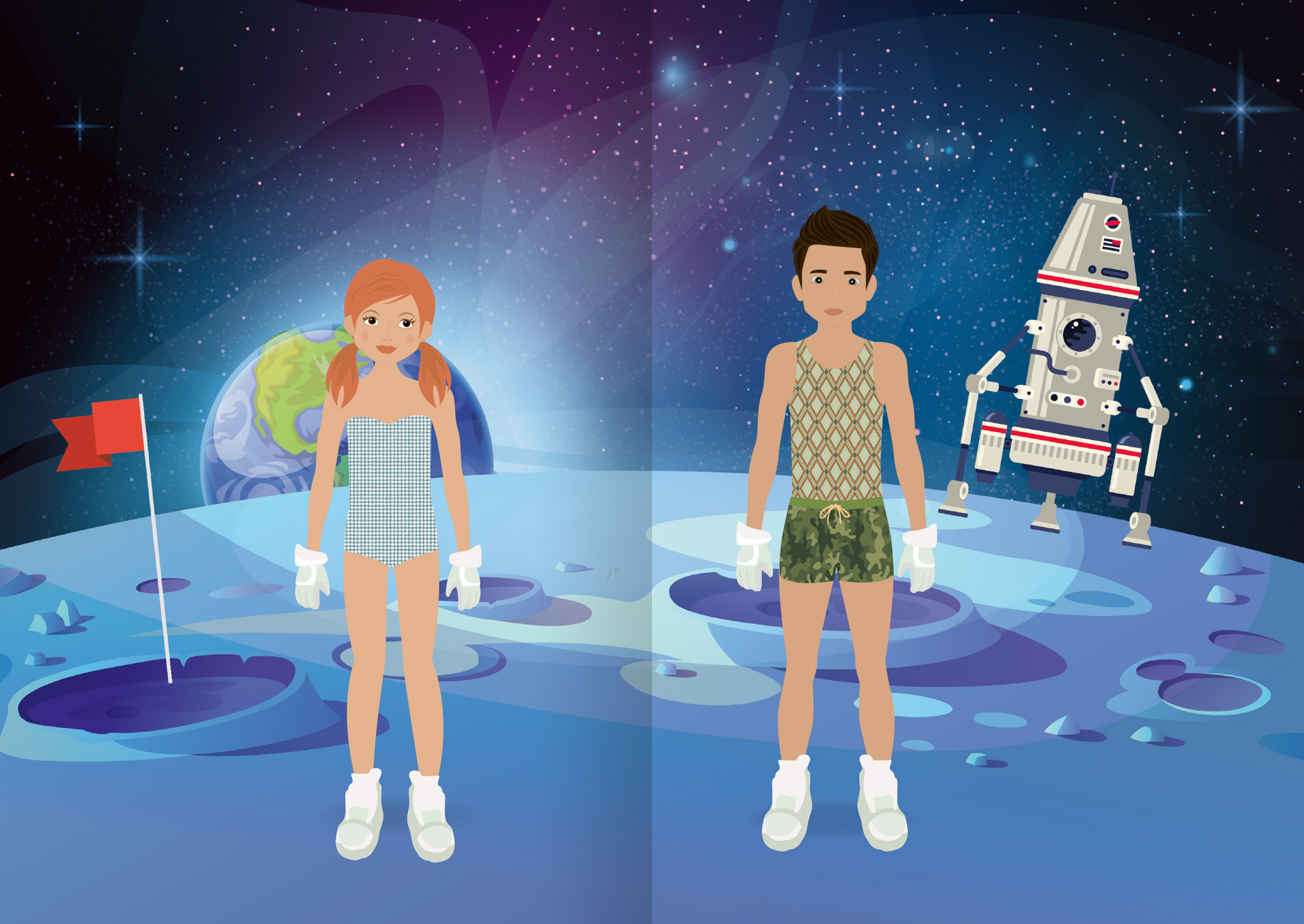 Gezeigt wird eine Innen- oder Zusatzansicht von „Mini-Sticker-Anziehpuppen – Im Einsatz“. Die Illustration zeigt zwei Anziehpuppen auf dem Mond. Links steht ein Mädchen mit orangefarbenen Haaren in einem karierten Outfit, während rechts ein Junge mit braunen Haaren in einem gemusterten Anzug dargestellt ist. Beide haben bereits Weltraumschuhe an. Im Hintergrund ist ein Raumschiff sowie die Erde zu sehen, ebenso wie eine rot wehende Fahne.