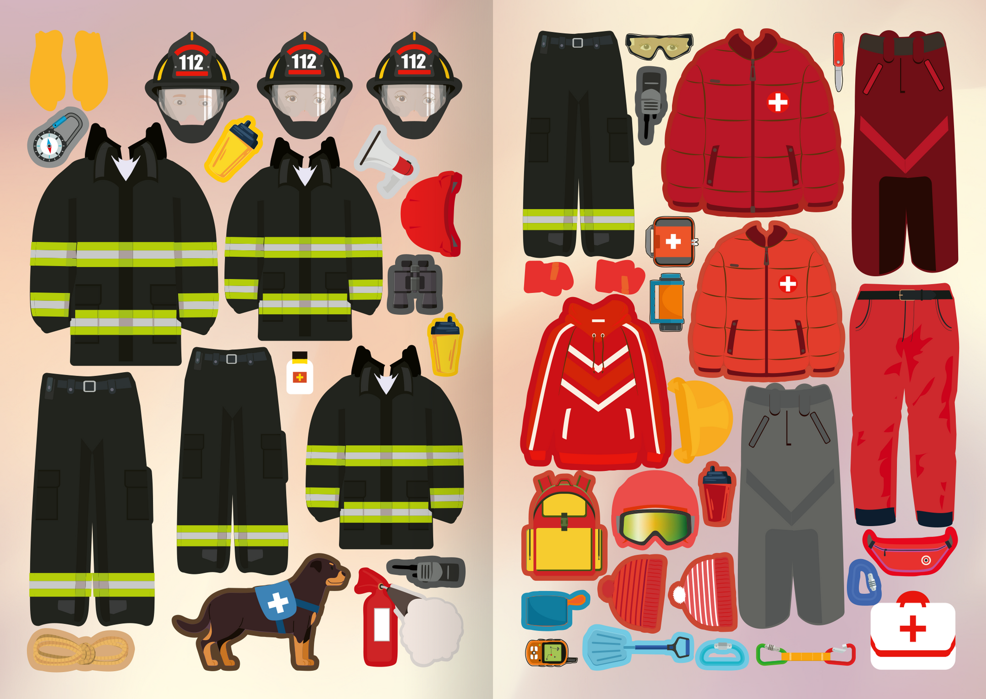 Gezeigt wird eine Innen- oder Zusatzansicht von „Mini-Sticker-Anziehpuppen – Im Einsatz“. Auf der linken Seite sind Feuerwehranzüge in Schwarz mit gelben Streifen, Helme und diverse Einsatzgeräte abgebildet. Rechts ist rote Einsatzkleidung zu sehen, versehen mit Reflektoren und roten Kreuzen. Kleinere Sticker wie Handschuhe, Rucksäcke und Rettungshunde stehen auch zur Auwahl. Die Sticker liegen auf einem hellrosa Hintergrund.