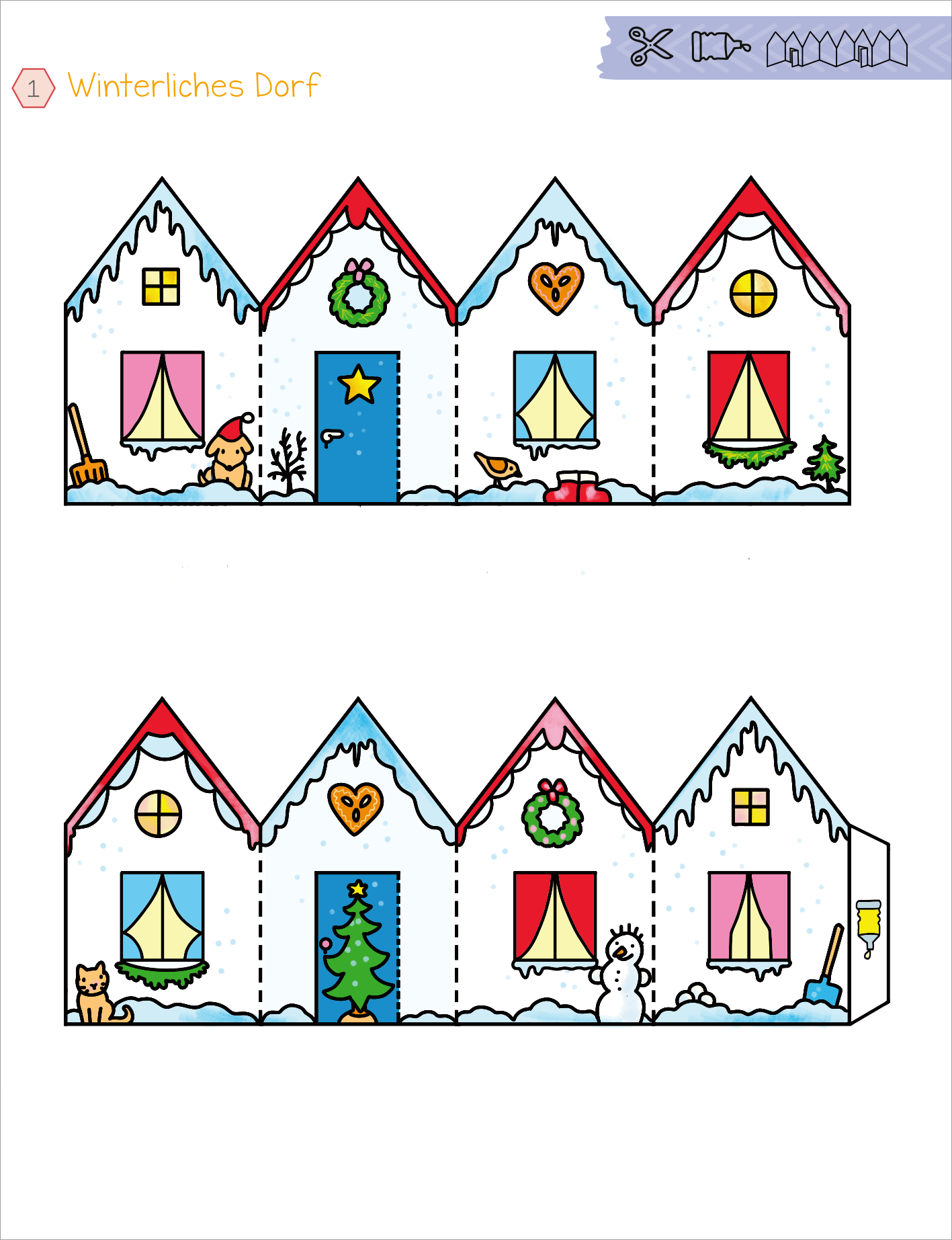 Gezeigt wird eine Innen- oder Zusatzansicht von „Mein erstes großes Winter-Bastelheft“. Die Abbildung zeigt ein winterliches Dorf mit bunten, geometrischen Häusern in Pastellfarben. Jedes Haus hat ein schneebedecktes Dach, zarte Fenster und dekorative Elemente wie Wreaths und eine Schneemannfigur. Ein charmantes Element ist der Weihnachtsbaum, der in der Mitte platziert ist. Die kindgerechte Typografie in der oberen Ecke benennt das Thema „Winterliches Dorf“.