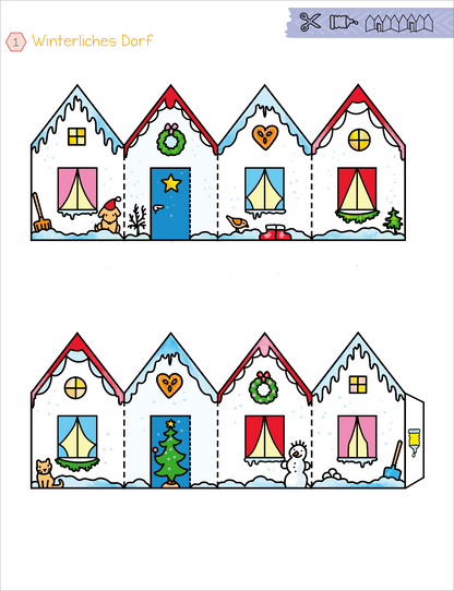 Gezeigt wird eine Innen- oder Zusatzansicht von „Mein erstes großes Winter-Bastelheft“. Die Abbildung zeigt ein winterliches Dorf mit bunten, geometrischen Häusern in Pastellfarben. Jedes Haus hat ein schneebedecktes Dach, zarte Fenster und dekorative Elemente wie Wreaths und eine Schneemannfigur. Ein charmantes Element ist der Weihnachtsbaum, der in der Mitte platziert ist. Die kindgerechte Typografie in der oberen Ecke benennt das Thema „Winterliches Dorf“.