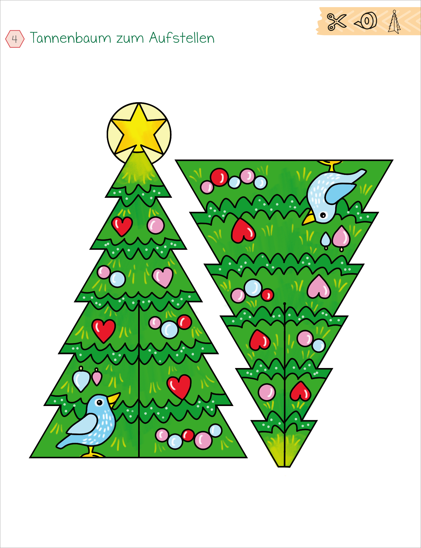 Gezeigt wird eine Innen- oder Zusatzansicht von „Mein erstes großes Winter-Bastelheft“. Abgebildet ist ein gestaltbares Tannenbaum-Motiv mit einer gelben Sternspitze. Der Baum ist in verschiedenen Grüntönen gehalten und verziert mit bunten Ornamenten, darunter Herzen und kugelförmige Dekorationen in Rosa, Blau und Lila. Zwei kleine Vögel in hellem Blau sind auf dem Baum platziert. Die klare, kindgerechte Typografie hebt den Titel „Tannenbaum zum Aufstellen“ hervor.