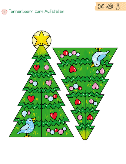 Gezeigt wird eine Innen- oder Zusatzansicht von „Mein erstes großes Winter-Bastelheft“. Abgebildet ist ein gestaltbares Tannenbaum-Motiv mit einer gelben Sternspitze. Der Baum ist in verschiedenen Grüntönen gehalten und verziert mit bunten Ornamenten, darunter Herzen und kugelförmige Dekorationen in Rosa, Blau und Lila. Zwei kleine Vögel in hellem Blau sind auf dem Baum platziert. Die klare, kindgerechte Typografie hebt den Titel „Tannenbaum zum Aufstellen“ hervor.