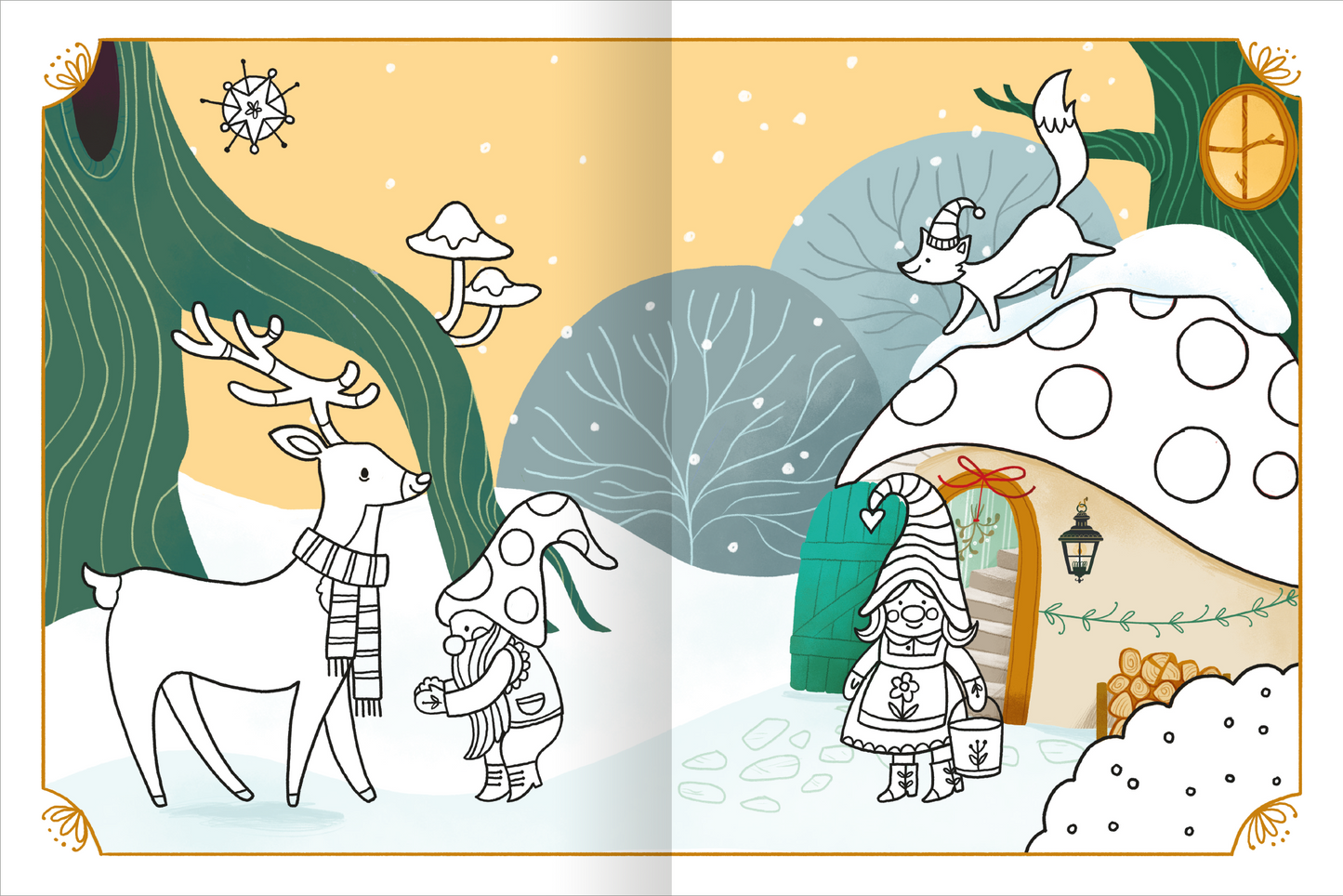Gezeigt wird eine Innenansicht von „Mein erstes Wichtel-Mitmachbuch“. Die Illustration zeigt eine winterliche Szenerie mit einem weißen Reh, das einen Wichtel in einem gestreiften Schal begleitet. Am rechten Rand steht ein Wichtelmädchen vor einem Pilzhaus mit bunter Tür, umgeben von schneebedeckten Bäumen. Die sanften Pastellfarben, wie Hellblau und Gelb, schaffen eine einladende Atmosphäre. Die verspielte Typografie ergänzt das fantasievolle Layout.