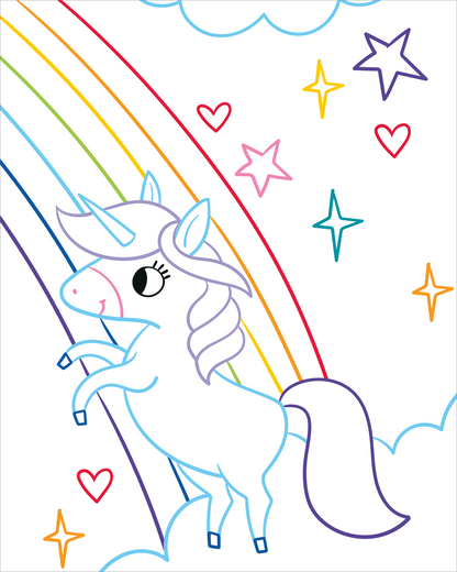 Gezeigt wird eine Innen- oder Zusatzansicht von „Zauberbilder – Einhörner“. Die Illustration zeigt ein fröhliches Einhorn, das vor einem Wasserfall steht, umgeben von sanften, gewellten Felsen und grünen Pflanzen. Die Farben sind sanft und pastellig, mit vorherrschendem Blau für den Wasserfall, Pink und Blau für das Einhorn und unterschiedlichen Grüntönen für die Bäume. Die Typografie ist verspielt und harmonisch in die Szene integriert.