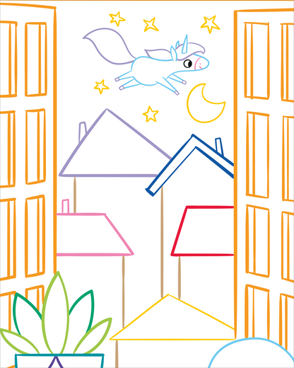 Gezeigt wird eine Innenansicht von „Zauberbilder – Einhörner“. Die Illustration zeigt ein offenes Fenster mit bunten Fensterläden in orange und gelb. Draußen sind einige stilisierte Häuser in unterschiedlichen Farben, darunter rot und blau, zu sehen. Ein Einhorn fliegt durch einen nächtlichen Himmel mit einem Mond und funkelnden Sternen. Auf der Fensterbank steht ein lächelnder Topf mit einer Pflanze und eine runde, durchsichtige Glaskugel. Die Linien sind klar und farbenfroh, was...