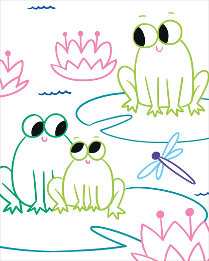 Gezeigt wird eine Innen- oder Zusatzansicht von „Zauberbilder Minis – Tiere“. Die Illustration zeigt drei fröhliche Frösche in sanften Grüntönen, umgeben von pinkfarbenen Seerosen. Die Frösche haben große, runde Augen und lächeln. Eine libellenartige Zeichnung in Blau ergänzt die Szene, die durch geschwungene Linien für das Wasser akzentuiert wird.