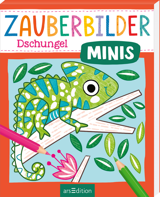 Zu sehen ist die 3D-Ansicht des Titels. Das Buchcover zeigt in einem bunten, kindgerechten Stil einen grünen Chamäleon, das auf einem Ast sitzt und von tropischen Blättern umgeben ist. Der Titel „ZAUBERBILDER Dschungel“ ist in lebhaften, farbigen Buchstaben oben abgebildet, während das Wort „MINIS“ in einem ovalen, türkisfarbenen Hintergrund hervorgehoben ist. Die Atmosphäre ist verspielt und einladend für Kinder. Ganz unten mittig steht der Logoschriftzug von arsEdition.