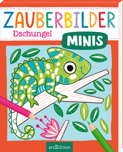 Zu sehen ist die 3D-Ansicht des Titels. Das Buchcover zeigt in einem bunten, kindgerechten Stil einen grünen Chamäleon, das auf einem Ast sitzt und von tropischen Blättern umgeben ist. Der Titel „ZAUBERBILDER Dschungel“ ist in lebhaften, farbigen Buchstaben oben abgebildet, während das Wort „MINIS“ in einem ovalen, türkisfarbenen Hintergrund hervorgehoben ist. Die Atmosphäre ist verspielt und einladend für Kinder. Ganz unten mittig steht der Logoschriftzug von arsEdition.