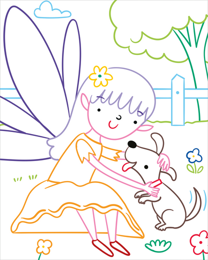 Gezeigt wird eine Innen- oder Zusatzansicht von „Zauberbilder Minis – Feenreich“. Die Illustration zeigt ein kindliches Mädchen mit langen, lila Haaren und großen, bunten Feenflügeln, das einen süßen kleinen Hund streichelt. Das Mädchen trägt ein leuchtend orangenes Kleid mit gewelltem Saum. Umgeben wird die Szene von bunten Blumen, einem Baum und einem blauen Gartenzaun.