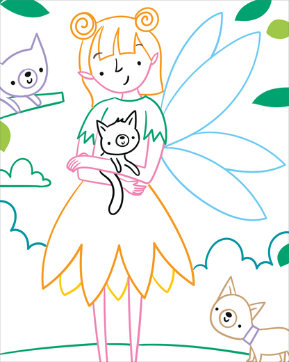 Gezeigt wird eine Innen- oder Zusatzansicht von „Zauberbilder Minis – Feenreich“. Die Illustration zeigt eine fröhliche Fee mit orangenen Haaren und einem grünen Oberteil, die eine süße Katze im Arm hält. Es sind noch zwei weitere Katzen zu sehen, die lächelnd zu den beiden sehen. Im Hintergrund sind Büsche und Blätter zu sehen.