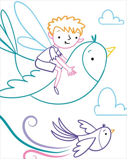 Gezeigt wird eine Innen- oder Zusatzansicht von „Zauberbilder Minis – Feenreich“. Die Illustration zeigt einen fröhlichen Jungen mit roten Haaren, der auf einem großen, stilisierten Vogel sitzt. Nur die Konturen der Illustrationen sind farbig. Unten fliegt ein weiterer kleiner Vogel, der mit aufwendigen, geschwungenen Linien umgeben ist. Die Gesamtanordnung ist verspielt und harmonisch, was die Fantasiewelt unterstreicht.