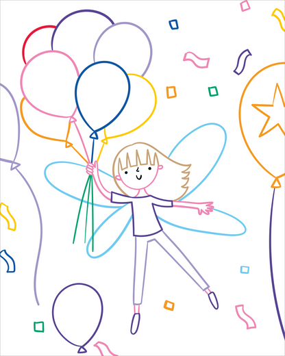 Gezeigt wird eine Innen- oder Zusatzansicht von „Zauberbilder Minis – Feenreich“. Die Illustration zeigt eine junge Fee, die in einer Hand ganz viele Luftballons hält, welche sie in die Luft ziehen. Die Farben sind leuchtend, vorwiegend in Rosa, Blau, Gelb und Grün. Um das Wesen herum schweben geometrische Formen und Konfetti.