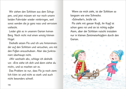 Gezeigt wird eine Innen- oder Zusatzansicht von „Ziemlich beste Schwestern – Mit Karacho in den Winter“. Die Seite zeigt zwei Mädchen im Winter. Die Farbpalette ist frisch und lebhaft, dominiert von kühlen Wintertönen in Blau und Weiß. Der Text ist in einer gut lesbaren, klaren Schriftart gehalten.