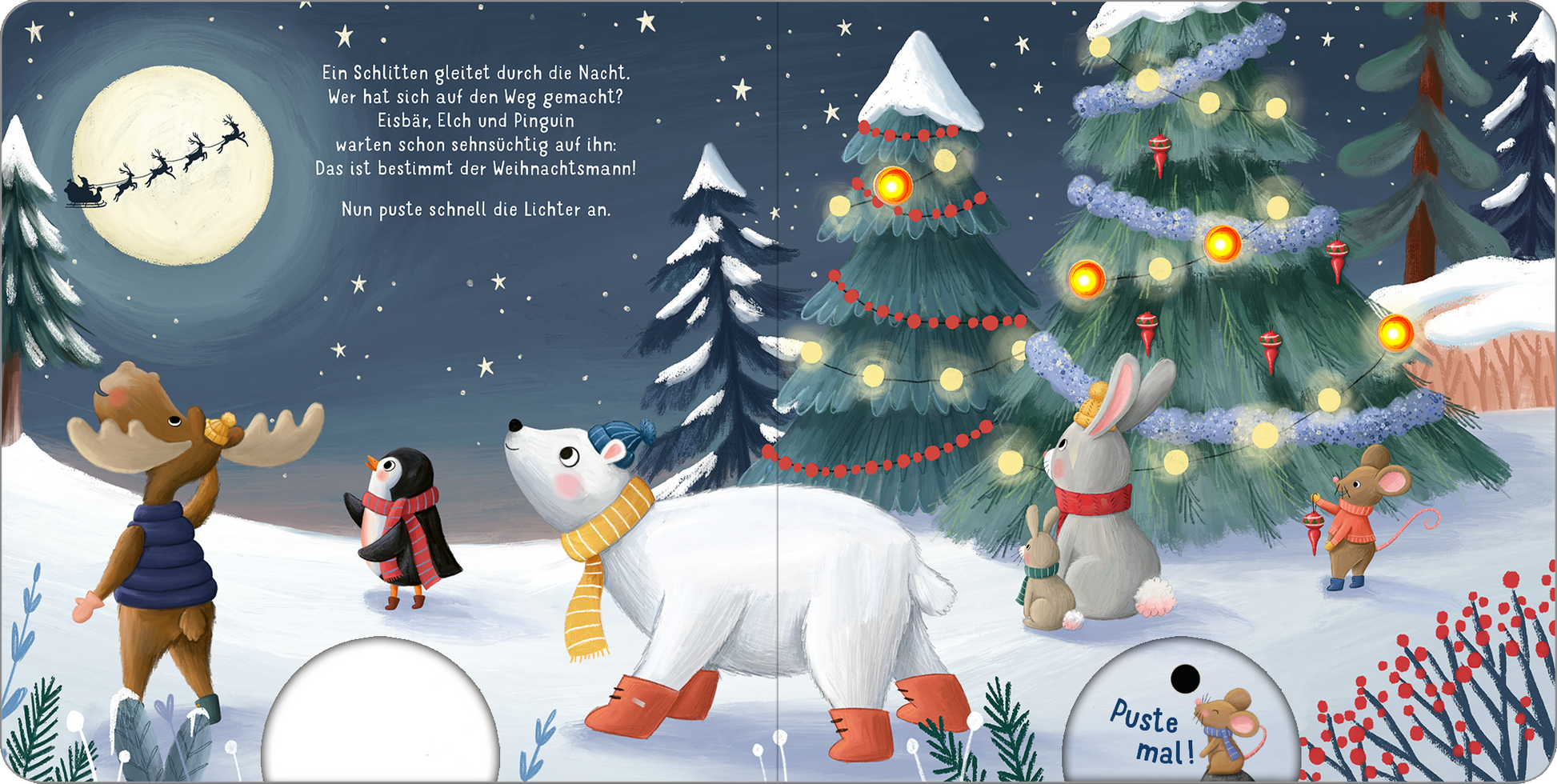 Gezeigt wird eine Innen- oder Zusatzansicht von „Mein liebstes Pustebuch – Hurra, es schneit!“. Die Illustration zeigt eine winterliche Szenerie mit einem hellen Vollmond. Ein lustiger Bär mit einer gelben Mütze bewegt sich im Schnee, während verschiedene Tiere, darunter ein Pinguin und ein Hase, sich um beleuchtete Weihnachtsbäume versammeln. Die Farben sind leuchtend und vielfältig, mit kräftigem Blau, Weiß und grünen Tönen. Die typografische Gestaltung ist verspielt und...