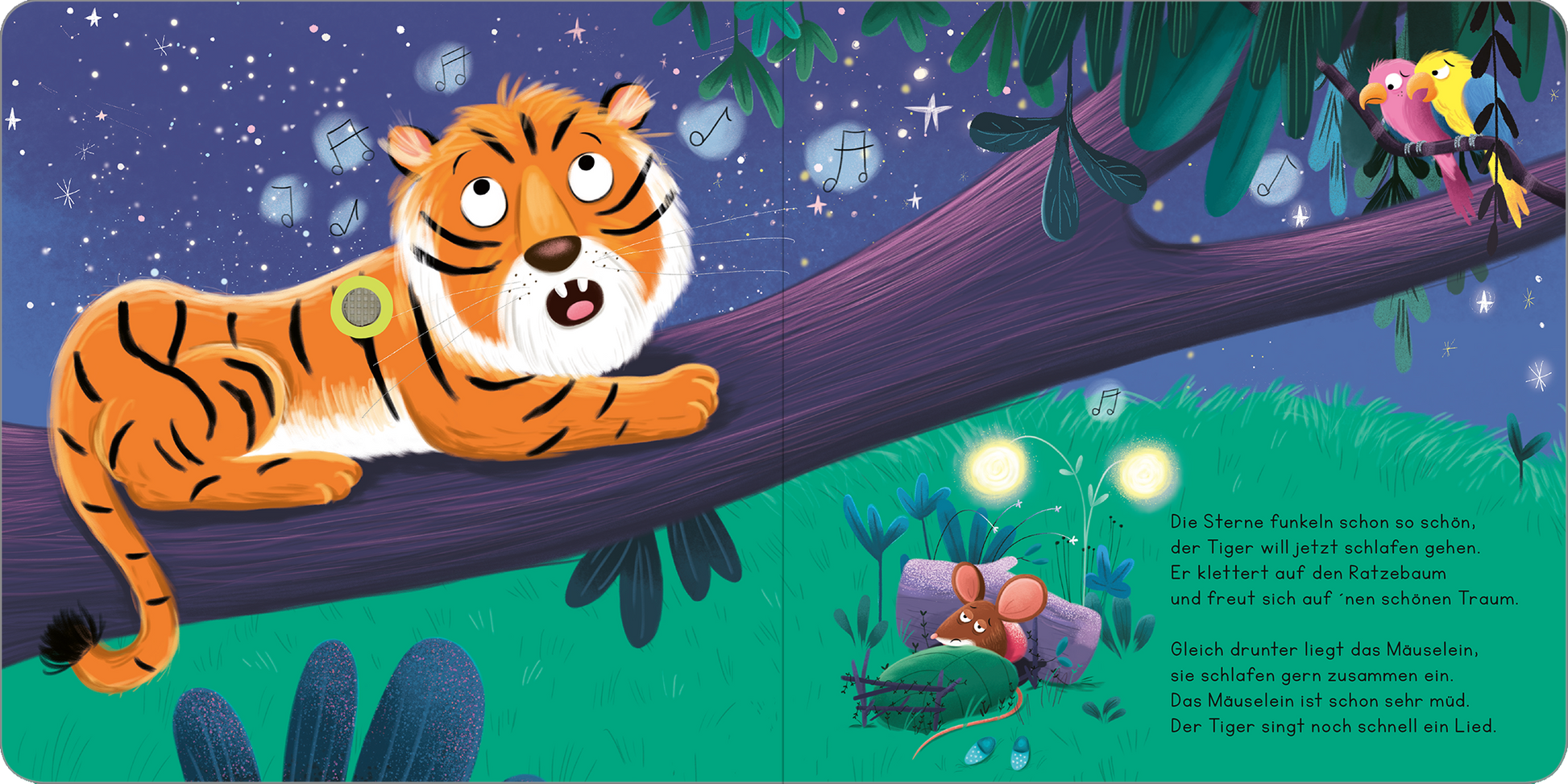 Gezeigt wird eine Innen- oder Zusatzansicht von „Tiger, jetzt ist aber Schlafenszeit!“. Der bunte Tiger sitzt auf einem Baumast unter einem sternenübersäten Himmel. Die Farben sind lebhaft, mit einem warmen Gelbton für den Tiger und einem tiefen Blau für den Himmel. Es sind grüne Pflanzen und leuchtende Glühbirnen im Hintergrund zu sehen. Die Typografie ist verschnörkelt und kindgerecht, mit abwechselnd großen und kleinen Buchstaben. Der Text auf der rechten Seite beschreibt die...