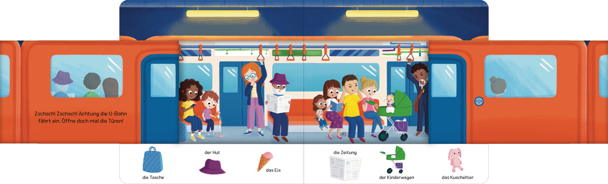 Gezeigt wird eine Innenansicht von „Schau rein! Was ist denn hier los?“. Die Illustration zeigt eine bunte U-Bahn mit mehreren Personen unterschiedlichen Alters und verschiedener Hautfarben. Vorwiegend hellblaue und orange Farben dominieren die Szene, während farbenfrohe Kleidung der Figuren auffällt. Einzelne Elemente wie eine Tasche, ein Hut und ein Eis sind in kleinen Kästchen am unteren Rand abgebildet. Die Typografie ist kindgerecht und fördert die visuelle Ansprache.
