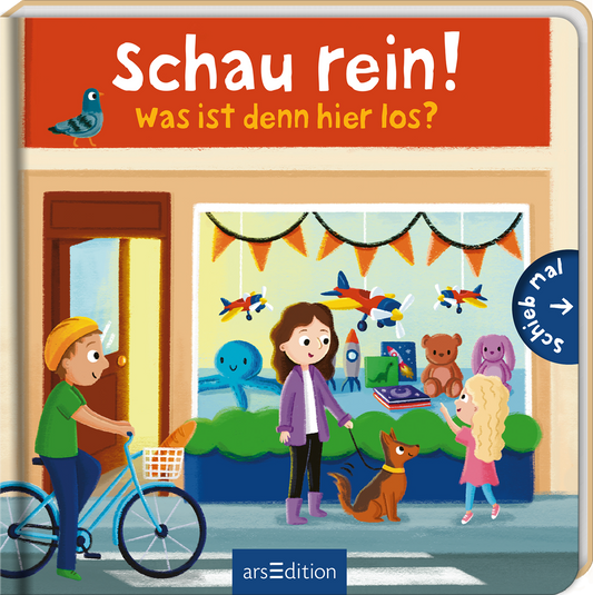 Das Buchcover zeigt eine fröhliche, bunte Szene vor einem Spielzeugladen. Im Vordergrund steht ein Junge mit einem Fahrrad und ein Hund, während ein Mädchen und eine Frau im Gespräch sind. Das Cover ist in warmen Farben gehalten, mit orangefarbenen Akzenten im Titel „Schau rein!“ und dem Untertitel „was ist denn hier los?“. Bunte Spielzeuge und Luftballons sind im Schaufenster zu sehen. In der oberen rechten Ecke befindet sich ein Button mit der Aufschrift „Schau mal“. Ganz...