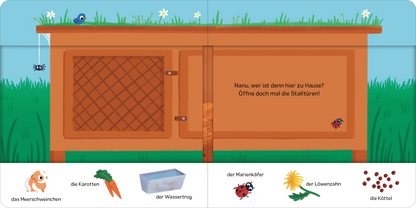 Gezeigt wird eine Innen- oder Zusatzansicht von „Schau rein! Was ist los auf dem Bauernhof?“. Die Illustration zeigt einen Stall mit einem braunen Holztor, das ein Rautenmuster aufweist. Darüber befindet sich ein farbenfroher, grüner Himmel mit blauen Vögeln und einer Wiese. Links sind verschiedene Bauernhofelemente abgebildet: ein Schweinchen, Karotten, ein Wassernapf, ein Marienkäfer, Löwenzahn und die Geschenke der Tiere (Kot). Der Text fordert dazu auf, die Stalltüren zu öffnen,...