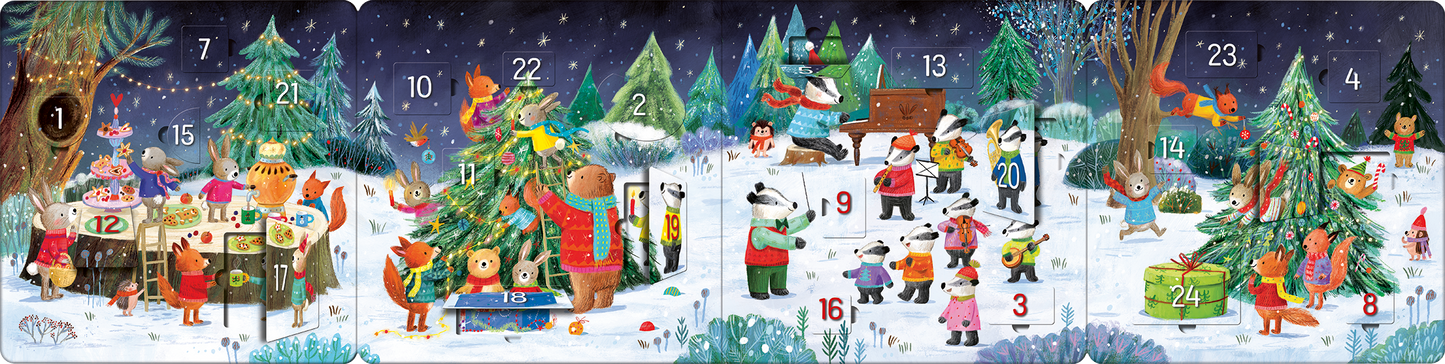 Gezeigt wird eine Innen- oder Zusatzansicht von „Mein erstes Adventskalenderbuch“. Die illustration zeigt eine winterliche Szene mit bunten Tieren, die fröhlich um einen geschmückten Weihnachtsbaum herum stehen. Die Farbpalette besteht aus kräftigen Rot-, Grün- und Gelbtönen auf einem schneebedeckten, blauen Hintergrund. Die Zahlen 1 bis 24 sind klar und gut lesbar in verschiedenen Größen platziert. Die freundliche, verspielte Typografie unterstreicht die festliche Stimmung.