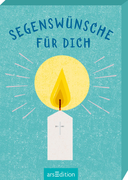 Das Buchcover zeigt eine stilisierte weiße Kerze mit einer lodernden gelben Flamme, die von goldenen Strahlen umgeben ist. Im Hintergrund strahlt ein sanfter, pastellblauer Farbton. Oberhalb der Kerze steht der Titel „SEGENSWÜNSCHE FÜR DICH“ in großen, blau geschriebenen Buchstaben. Die gesamte Atmosphäre vermittelt Wärme und Zuversicht. Ganz unten mittig steht der Logoschriftzug von arsEdition.