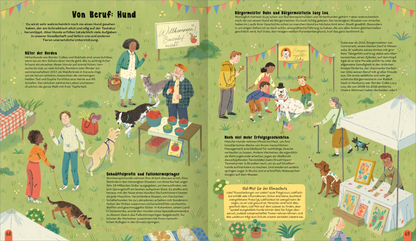 Gezeigt wird eine Innen- oder Zusatzansicht von „Die Welt der Hunde“. Die Doppelseite zeigt eine lebendige Szene im Freien, mit grünem Hintergrund und bunten Zeltständen. Verschiedene Menschen interagieren mit Hunden, einige stehen bei Tischen voller Obst. Die Typografie ist abwechslungsreich und ansprechend, mit Überschriften, die in kräftiger Schrift gestaltet sind. Farbakzente in Rot und Blau ergänzen die Illustrationen von Hunden und Teilnehmern, die eine fröhliche, einladende...