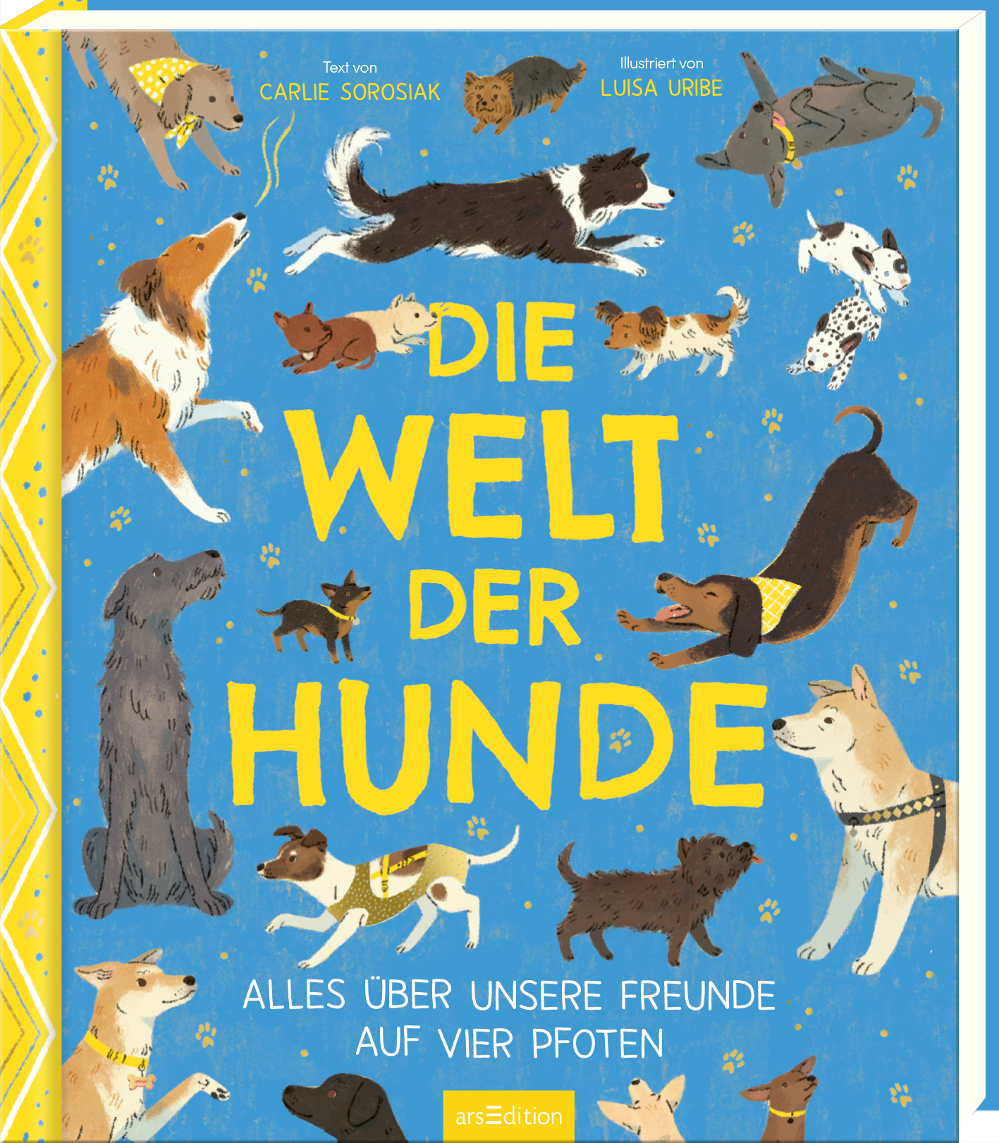 Das Buchcover zeigt eine lebendige Ansammlung von Hunden in verschiedenen Posen und Rassen, vor einem strahlend blauen Hintergrund. Die Hunde sind in abwechslungsreichen Farben und Stilen abgebildet, während der Titel „DIE WELT DER HUNDE“ in großen, gelben Buchstaben auffällt. Darunter steht der Untertitel „ALLES ÜBER UNSERE FREUNDE AUF VIER PFOTEN“ in kleinerer Schrift. In der oberen rechten Ecke befindet sich der Urhebernamen „Text von Carlie Sorosiak“ und „Illustriert von...