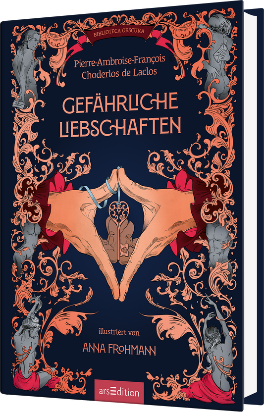 Das Buchcover „Gefährliche Liebeschaften“ zeigt eine dunkle, tiefblaue Hintergrundfarbe, umrahmt von filigranen, roten und goldenen Illustrationen. Zentral sind zwei Hände, die einen Schlüssel halten, umgeben von kunstvoll gestalteten Figuren und Ornamenten. Der Titel ist in großen, leuchtenden Buchstaben geschrieben, während der Name des Autors, Pierre-Ambroise-François Choderlos de Laclos, oben auf dem Cover zu finden ist. Ganz oben prangt der Schriftzug „Biblioteca Obscura“....