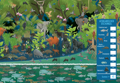 Gezeigt wird eine Innen- oder Zusatzansicht von „Die große Tierzählerei“. Die Illustration zeigt ein Wimmelbild: eine üppige, grüne Dschungellandschaft mit einer Vielzahl von Tieren wie Elefanten, Krokodilen und Affen. Am unteren Rand ist ein Wasserbereich mit verschiedenen Fischen und Wasserlebewesen zu sehen. Auf der rechten Seite befindet sich eine Leiste in Blau mit verschiedenen Tierarten, die sich im Wimmelbild befinden und einem Kasten daneben, in den Zahlen geschrieben werden...