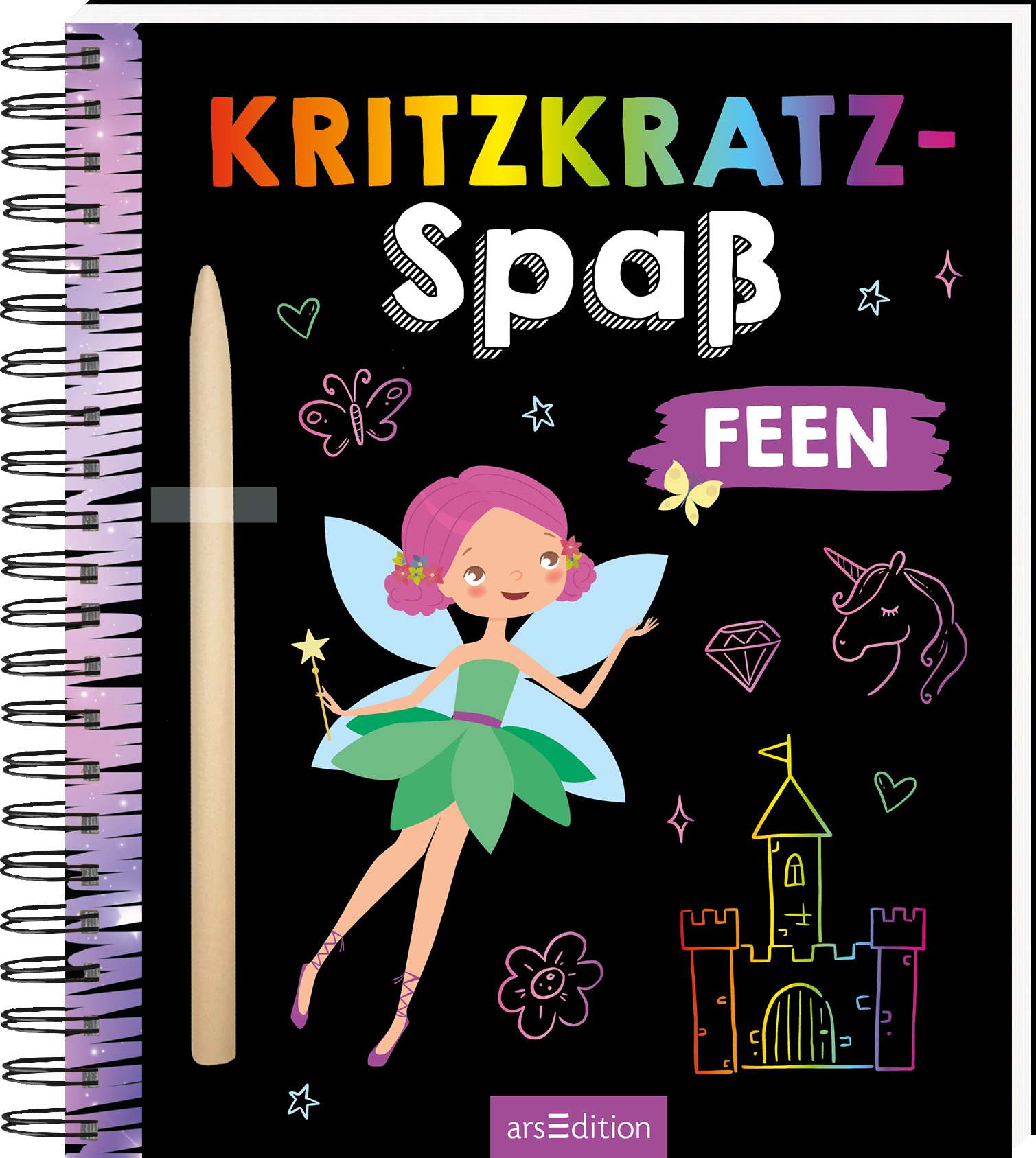 Das Buchcover zeigt eine fröhliche Fee mit rosa Haaren und einem grünen Kleid, die linke Hand erhoben hält. Der Hintergrund ist schwarz, auf dem bunte, fantasievolle Elemente wie Schmetterlinge, Einhörner und ein Schloss skizziert sind. Der Titel „Kritzkraz-Spass FEEN“ ist in farbenfrohen Buchstaben gestaltet. Ganz unten mittig steht der Logoschriftzug von arsEdition.