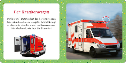 Gezeigt wird eine Innen- oder Zusatzansicht von „Soundbuch für Klitzekleine - Im Einsatz“. Die Doppelseite zeigt auf der linken Seite in roter Schrift den Titel „Der Krankenwagen“ und einen kurzen Text über den Rettungswagen. Rechts ist ein farbenfrohes Bild eines Krankenwagens abgebildet, der mit Rot- und Weißtönen gestaltet ist. Der Hintergrund der linken Seite ist hellgrün mit bunten Punkten, was eine kindgerechte Ästhetik vermittelt. Die Typografie ist verspielt und gut lesbar.