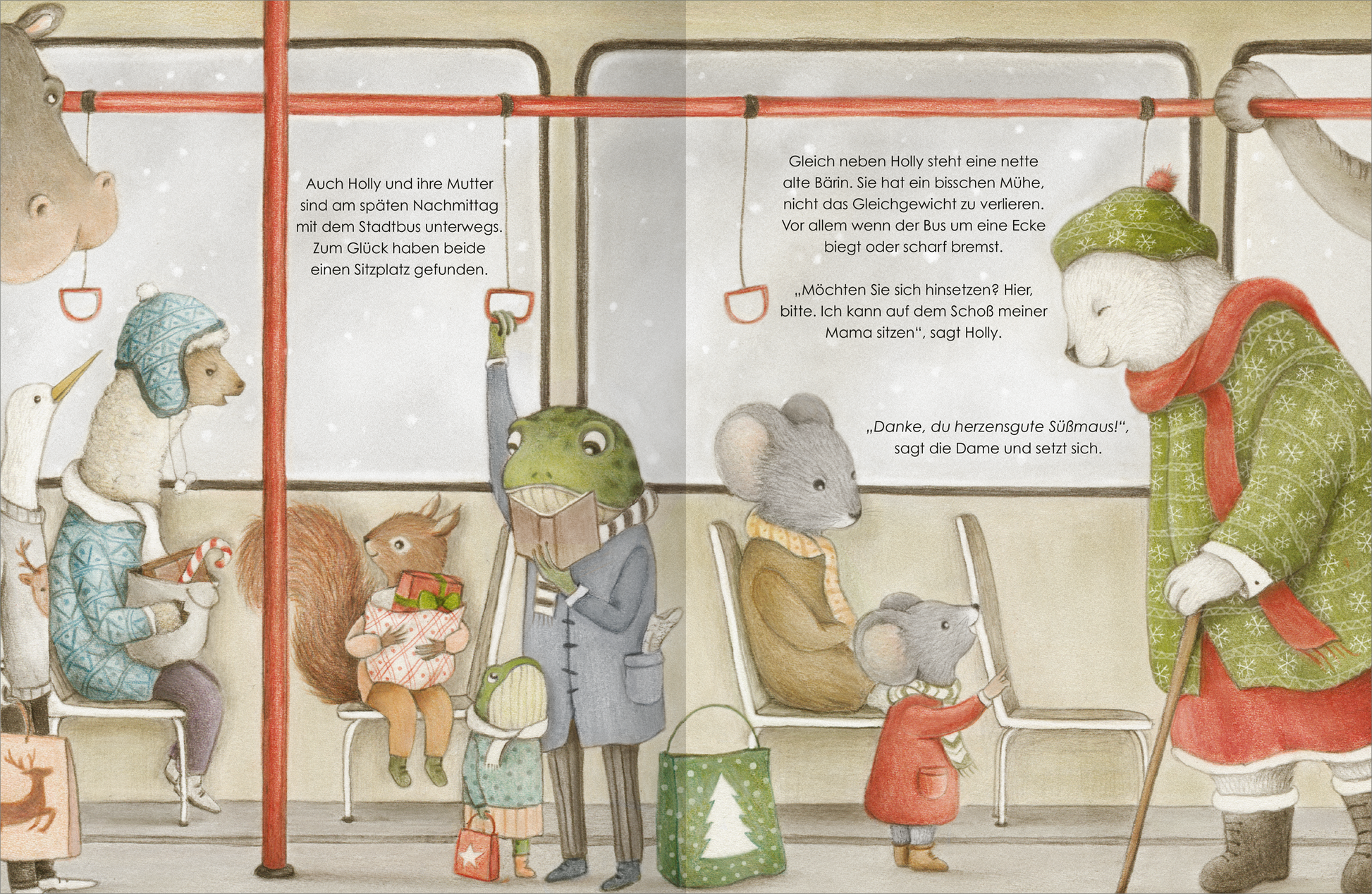 Gezeigt wird eine Innen- oder Zusatzansicht von „Die wahre Magie von Weihnachten“. Die Illustration zeigt eine belebte U-Bahn mit tierischen Charakteren, darunter ein Frosch in einem Anzug, eine Maus und ein Eichhörnchen. Die Farben sind sanft und warm, dominieren von Erdtönen und sanften Pastellnuancen. Die Typografie ist verschnörkelt und gut lesbar, angereichert mit liebevollen Dialogen, die die weihnachtliche Stimmung unterstreichen. Die Szene vermittelt Gemütlichkeit und...
