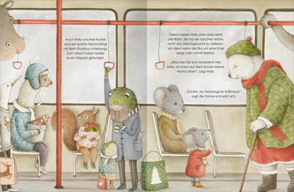 Gezeigt wird eine Innen- oder Zusatzansicht von „Die wahre Magie von Weihnachten“. Die Illustration zeigt eine belebte U-Bahn mit tierischen Charakteren, darunter ein Frosch in einem Anzug, eine Maus und ein Eichhörnchen. Die Farben sind sanft und warm, dominieren von Erdtönen und sanften Pastellnuancen. Die Typografie ist verschnörkelt und gut lesbar, angereichert mit liebevollen Dialogen, die die weihnachtliche Stimmung unterstreichen. Die Szene vermittelt Gemütlichkeit und...