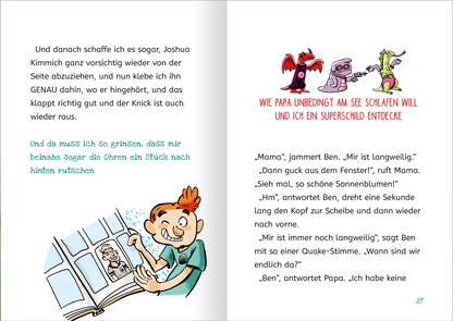 Gezeigt wird eine Innen- oder Zusatzansicht von „Ich und meine Chaos-Brüder – Achtung, fertig, Ferien!“. Die Seite zeigt einen bunten Comic-Stil mit lebhaften Illustrationen. Die Texte sind in kindgerechter, klarer Schrift gehalten, wobei zentrale Dialoge in größerer Schrift hervorgehoben sind. Die Farben sind hell und ansprechend.